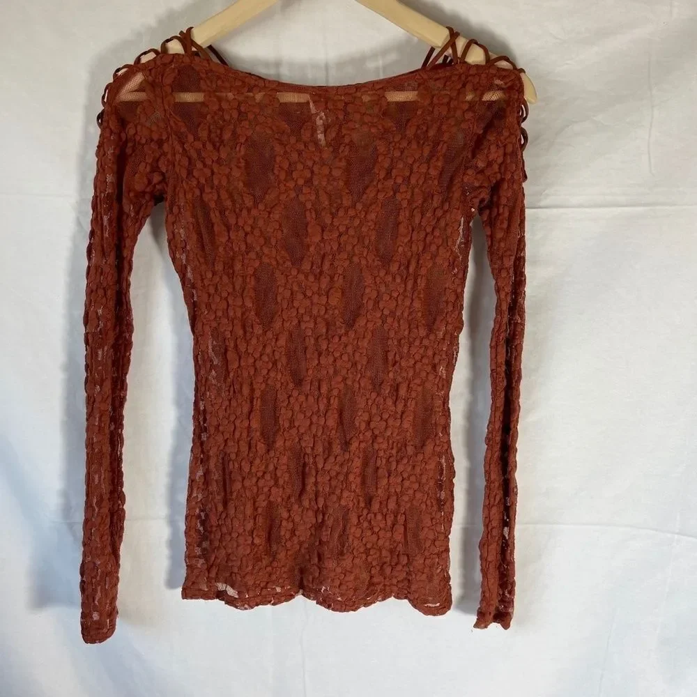 Intimately Free People Burnt Orange Lace Top Lattice‎ Tie Sleeves Sz XS